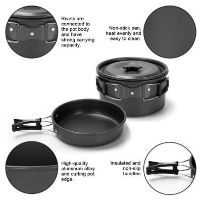 China Outdoor Camping Rise Moving Amazon Sells High Quality Aluminum Portable Picnic Pan And Cup Cooking 2 Or 3 Person Camping Sets for sale