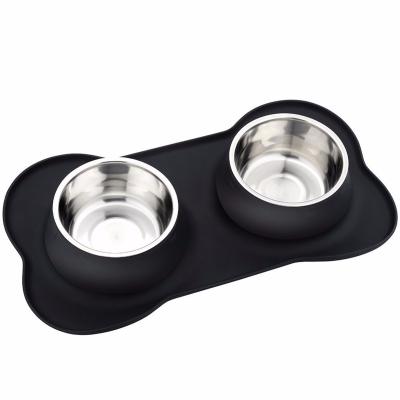 China Non-slip Silicone Mat Feeder 2 Stainless Steel Dog Bowl Non-Slip Non-Slip Feeder Mat Bowl Pet Cat Dog Pet Water Bowl for sale