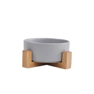 China Non-automatic Ceramic Dog Cat Bowl Dishes With Holder Simple Design Anti-clogging Wooden Pet Bowl For Food And Water for sale