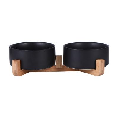 China Non-Automatic Elevated Cat Bowls Raised Double Food and Water Bowl Set for Cats and Small Dogs with Wooden Stands No Puddle Pet Bowls for sale