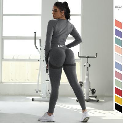 China LOGO Gym Wear Women Yoga Equipment Antibacterial Custom Crop Top Long Sleeve Seamless Butt Leggings Yoga Workout Crack! crack! square for sale