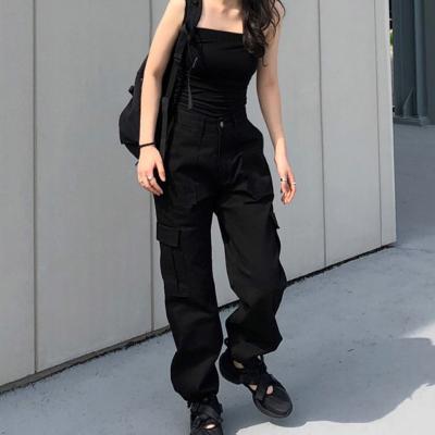 China 2021 Street Wear Women's Pants QUICK DRY Cotton Pocket Patchwork High Waist Women's Black Cargo Trousers With Side Pockets for sale