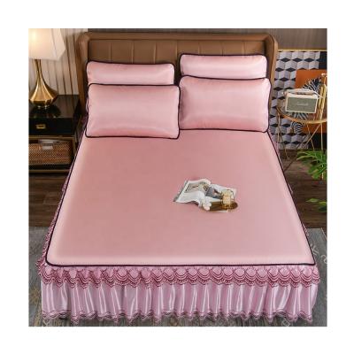 China Wholesale new anti-static simple washable ice silk mat manufacturer fresh bed skirt three piece mat bedding sets for sale