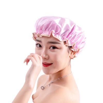 China Sustainable Double Layer Women Bath Cap With Elastic Satin Reusable Waterproof Shower Cap for sale