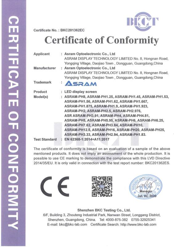 CE - Dongguan Asram Optoelectronic Co., Ltd.