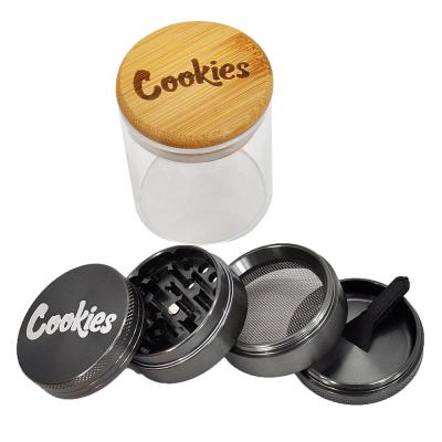 China High Quality Black Stocked Cookies 56mm Aluminum Alloy Smoke Grinder With Glass Storage Bowl Set Of 2 Pieces for sale