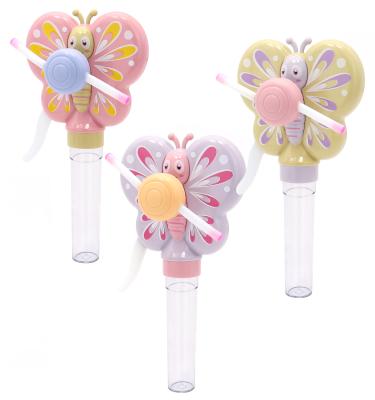 중국 Cartoon Toys Wholesale Plastic Candy Toys Hand Pressure Butterfly Fan With Lights Lollipop Candy Dispenser For Kids Toys 판매용