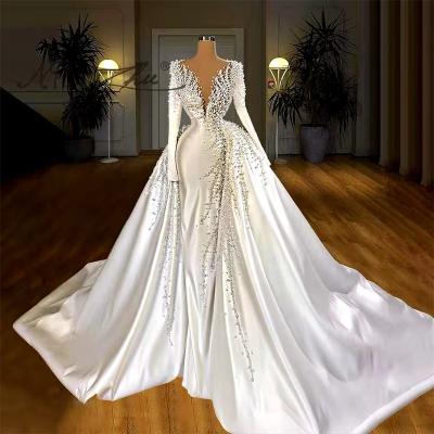 China Jancember RSM67215 Anti-Static Deep V Long Sleeve Beads Satin Bridal Gowns White Wedding Dress for sale