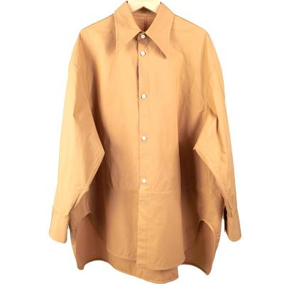 China Breathable EVERGLOW-made cotton spandex round edge turn-down collar button plus size sheaths long ladies' blouses and shirts in khaki for sale