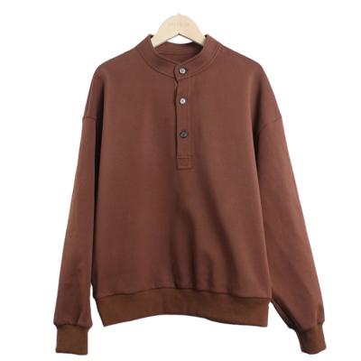 China EVERGLOW-100%cotton Anti-Pilling Button Collar Round Thick Paragraph Long Sleeves With Threaded Cuffs Ladies' Sweatshirts In Brown for sale