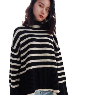 China Breathable High Collar Stripe Design EVERGLOW-56%wool 44%cotton Short Front And Long Off The Shoulders Ladies Sweater In Black for sale