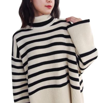 China EVERGLOW-56%wool 44%cotton Breathable High Collar Stripe Design Short Front And Long Back Shoulders Ladies Sweater In White for sale