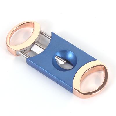 China New Modern Luxury Items Work Blades V Cutter Zinc Alloy Blue Sharp Cigar Cutter for sale