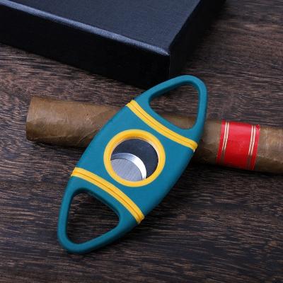 China Small Cigar Cutter Minimalist High Quality Plastic Knife Pocket Instruments Double Blade Two Tone Cigar Cutter for sale