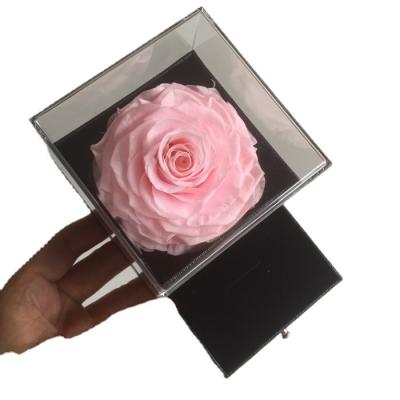 China Preserved Flower Rose Gifts; wedding Christmas gift item touch the real Mini Eternal Forever Preserved Natural Rose in pink acrylic jewelry box for sale