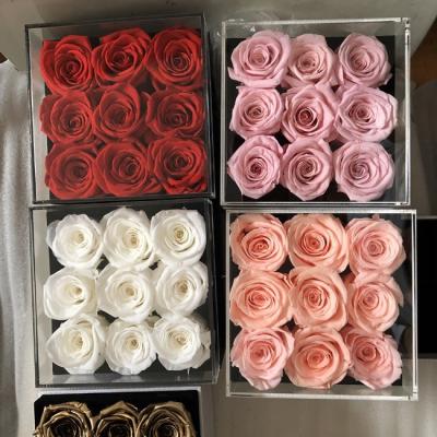 China Real and Natural Contact Kunming Rainbow Wholesale 9 Preserved Eternal Roses in Acrylic Box for Valentine's Day for sale