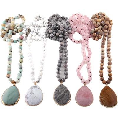 China 2022 Fashion Eco-Friendly Bohemian Jewelry Natural Stone Knotted Drop Pendant Necklaces Women Stone Matching Beaded Necklace for sale