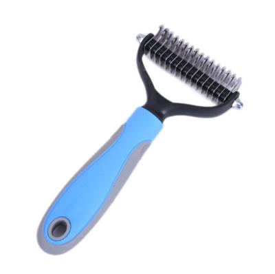 China Sustainable Beauty And Daily Cleaning Dog Pet Hair Removal Comb Double Sided Blades Fur Dematting Trimmer Deshedding Brush Grooming Tool for sale