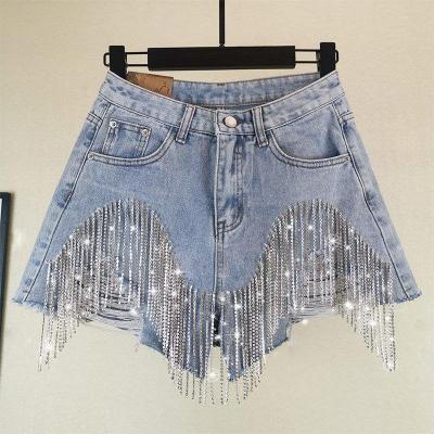 China 2023 Streetwear Blingbling Rhinestone High Waist Breathable Casual Beaded Sequin Slim Booty Fringed Denim Ripped Ladies Jeans Shorts for sale