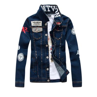 China Dark Blue Polyester / Cotton Fashion Customization Denim Mens Denim With Studs Washed Denim Jacket for sale