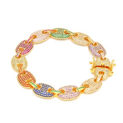 China Hiphop Christmas Gifts Pig Nose Bracelet Fashion Color Diamond Hip Hop Bracelet Real Gold Plated Men's Bracelet for sale