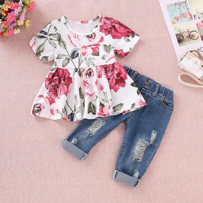 China Blue Jean Set Girl Children Cloth Spring Summer Flower Kid Casual Floral Short Shirt Jean Beautiful Rose Flower Flounces Top Blue Set for sale