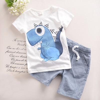 China Casual Boy Girl Kids Top Breeches Set Cartoon Dinosaur Short Sleeve Shirt And Striped Shorts Summer Cloth Unisex Child Kids Shirt for sale