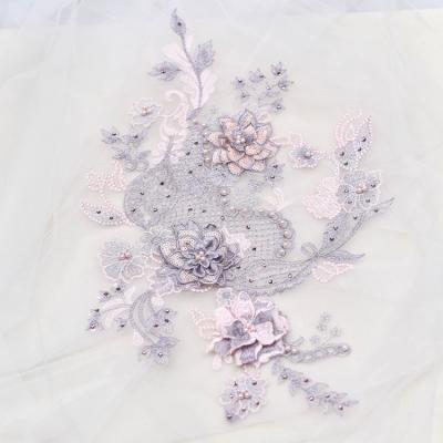 China High Quality Viable Bead Applique Lace Embroidery 3D Floral Flower Lace For Bridal Dress, Illusion Dress, Haute Couture for sale