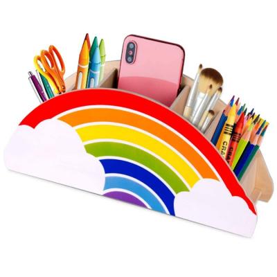 China Hot sale rainbow wooden pen pencil makeup brush and phone holder desk or classroom organizer for sale