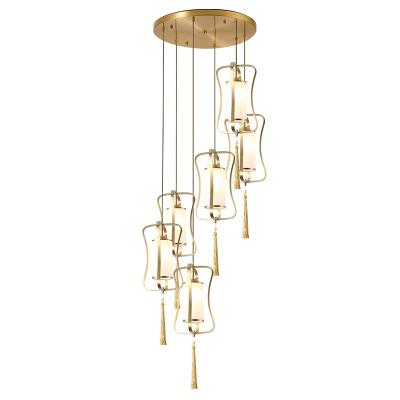 China Modern Contemporary Hotel Kitchen Island Light Lobby Ceiling E27 Lamp Socket Big Large Long Single Chandelier Copper and Gold Glass Contemporary for sale