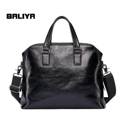 China BALIYA GENUINE LEATHER 15 Inch Black Oil Wax Business Leather Briefcase Mens Genuine Leather Briefcases for sale