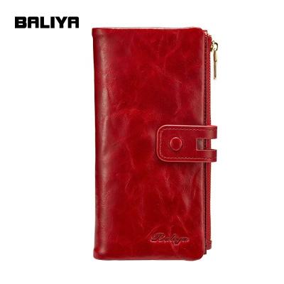 China BALIYA waterproof Brown blue first pose cowhide oil wax long zipper women's genuine leather purse for sale