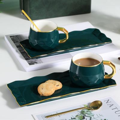 China Viable Promotion Gift Gold Rim Classic Coffee Mug Set With Green Glazed Rectangle Tray Porcelain Cups And Saucers Set for sale