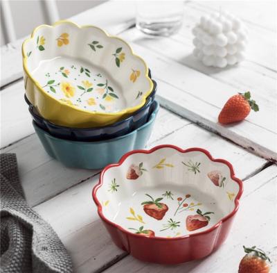 China Stocked french cheap ceramic round shape fruit wavy tart personalized bakeware for microwave for sale