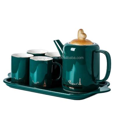 China High Quality Disposable Tea Time Afternoon Green Glazed Ceramic Teapot Set With Tray Turkish Ceramic Coffee Cup Sets for sale