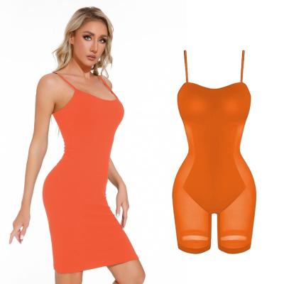 China 2023 Element Shapewear Antibacterial Bra Dress 8 in 1 Brown Formal Slip Dress Ribbed Bodycon Spaghetti Strap Modal Sculpting Shaper Dresses for sale