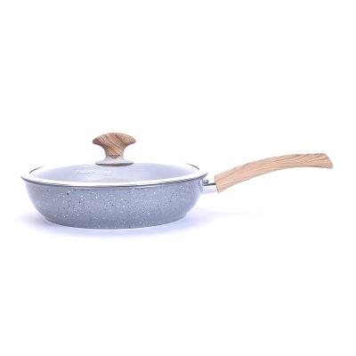 China Korea Style Durable Durable Non Marble Liner Pop Up Pan With Wooden Handle And 4mm Tempered Glass Cover for sale