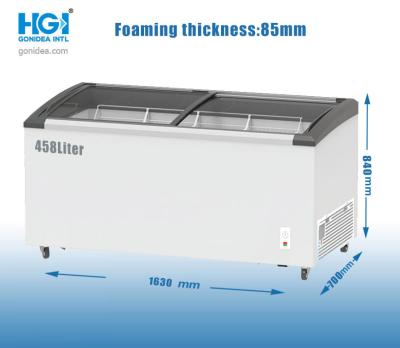 중국 아이스크림 깊이인 체스트형 냉동고 458 더 밝혀진 미끄러져 움직이는 만곡 글래스 냉장고를 저장하세요 판매용