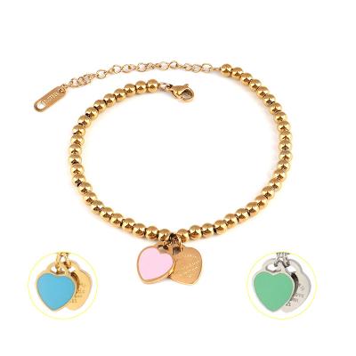 China TRENDY INS 18K Gold Plated Stainless Steel Heart Chain Bracelets For Women Waterproof Jewelry Love Forever Bead Bracelet for sale