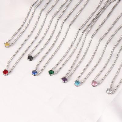 China Europe and America Zodiac Necklace Stainless Steel Tennis Chain Round Shape Pink Zircon Jewelry Iced Out Chain Necklaces For Women for sale