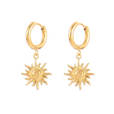 China TRENDY Sun Face Drop Earrings Engraved Women 18K Gold Plated Stainless Steel Dangle Circle Earring No Tarnish Waterproof Jewelry for sale