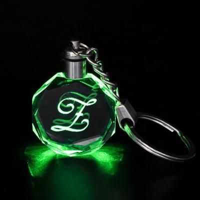 China Promotional Gift LED Custom 3D Luminous Key Chain Laser Engraved Round Crystal Key Chain With 26 English Letters A-Z for sale