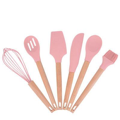 China 6PCS Wooden Handle Viable Silicone Utensil Set Silicone Spatula Pastry Baking Baking Tools for sale