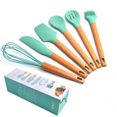 China Sustainable Non-Stick Silicone Cooking Scoop Tool With Wooden Base Kitchen Accessories Set for sale