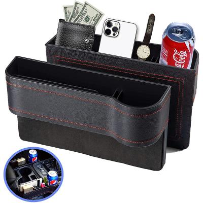 China Pu Leather PU Leather Car Seat Gap Filler Organizer Console Crevice Storage Box With Cup Holder USB Charger Hole 27*15.3*8 Cm 10.6*6*3.15 for sale