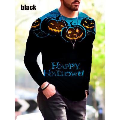 China 2021 New Men's Anti-Wrinkle T-shirt Shirt Halloween Pumpkin Print T-shirt Round Neck Loose Long Sleeve T-shirt for sale