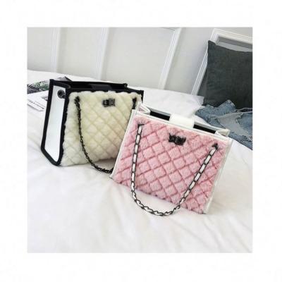 China Other Women's Plush Handbag Large Capacity Tote Diamond Lattice Winter Faux Fur Chain Bag Contrast Color Cross Shopping Bag New - Body Bag for sale