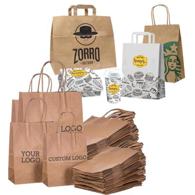 China Custom Made Flat Paper Handles Brown Takeout Takeaway Fast Food Kraft Paper Bag For Restaurant Packaging zu verkaufen