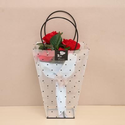 China Transparent Potted PVC Kraft Paper Flower Bonsai Flower Handbag Polka Dot Clear Potted Gift Bag Recyclable Standing Trapezoidal Bag for sale