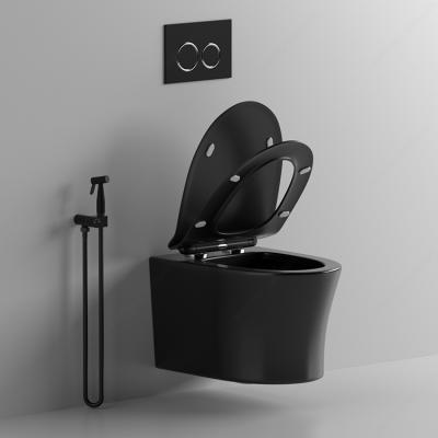 China Concealed Tank 2021 New Luxury Matte Wall Mount Black Ceramic WC Toilet Bowl Rimless Bathroom Wall Hung Toilet for sale